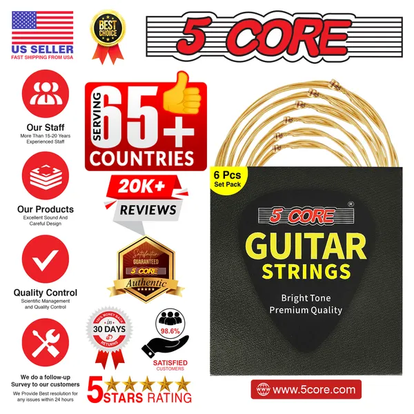 5 Core Acoustic Guitar 6 String Set Medium Gauge Steel Carbon Core Bright Powerful Tone Heavy Duty -  GS AC BRSS HD
