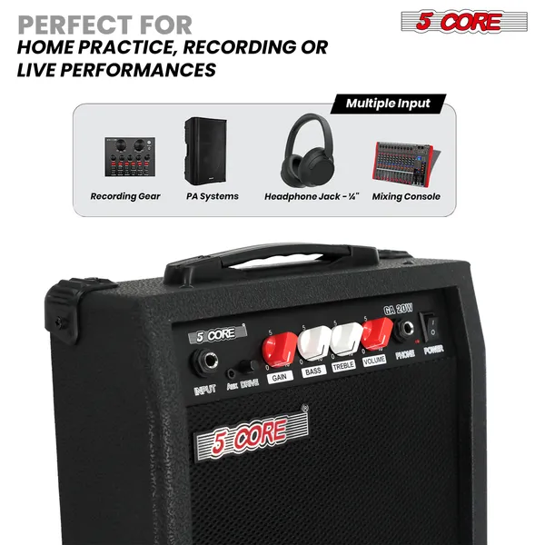 5 Core Guitar Amp 20W Electric Portable Mini Amplifier W Built In 6.5" Speaker Aux Headphone Jack