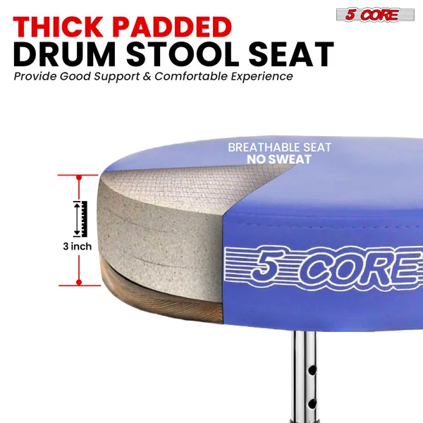 5 CORE Drum Throne Padded Guitar Stool Height Adjustable Music Chair Seat Universal For Adults & Kids With Anti Slip Rubber Feet DS CH BLU