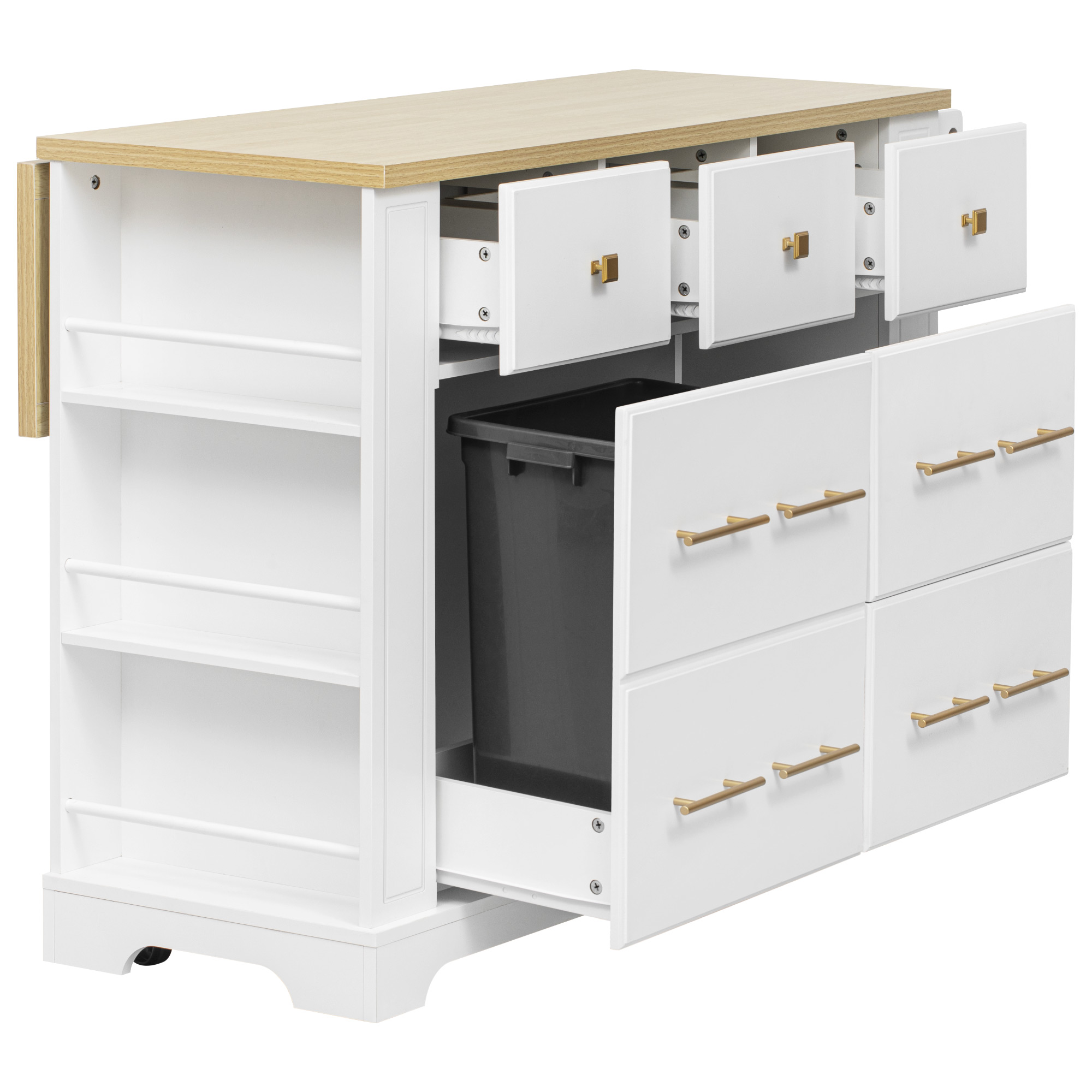 Kitchen Island With 6 Drawers And Drop Leaf And Power Outlet White_voghion.com