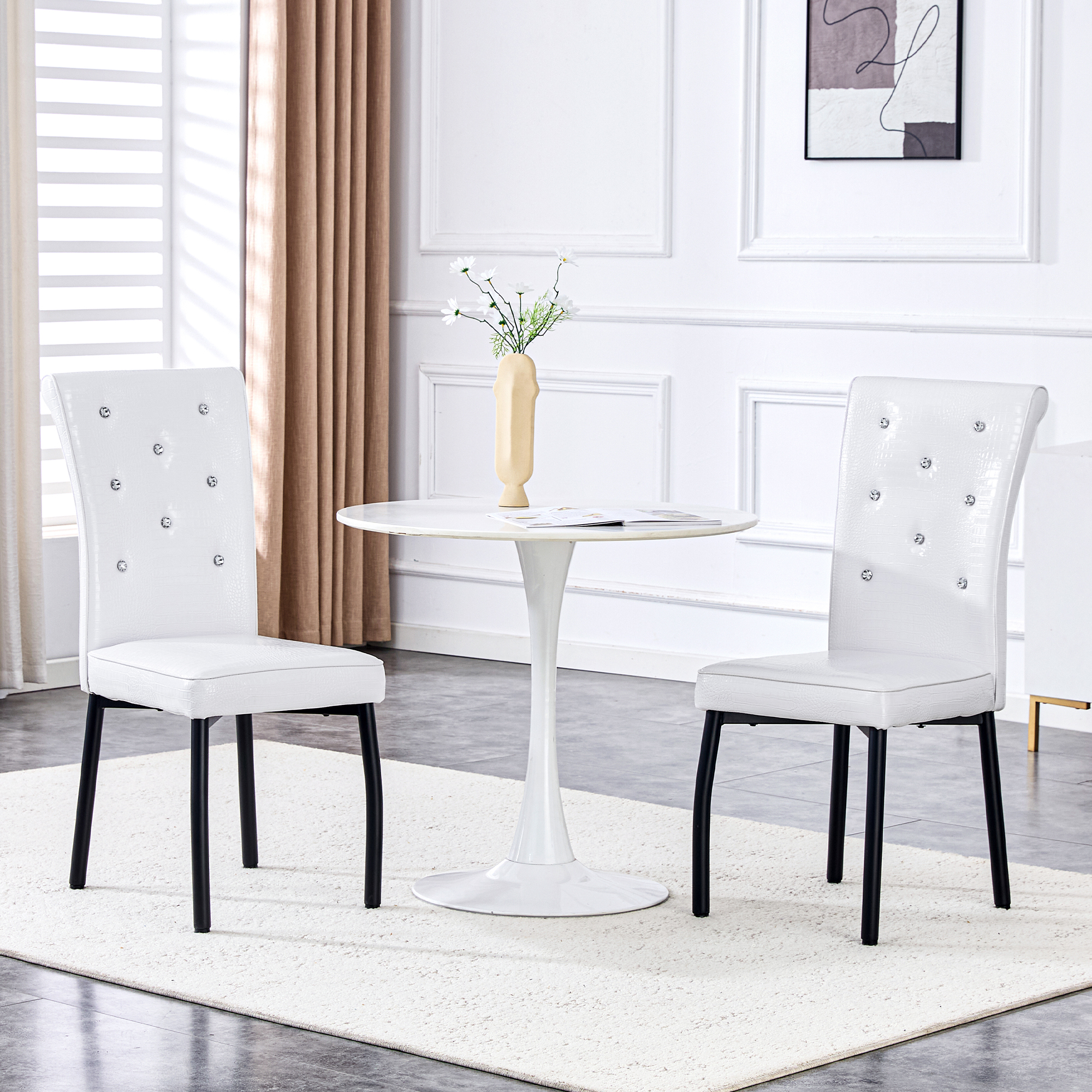 A Set Of 2 White And Black Vintage Crocodile Leather Cushioned Dining Chairs, Featuring Crystal Clasp Design And Artificial Leather Design, Adding A Touch Of Elegance And Mystery To The Dining Area