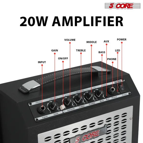 5 Core Guitar Amp 20W Electric Portable Mini Amplifier W Built In 6.5" Speaker Aux Headphone Jack