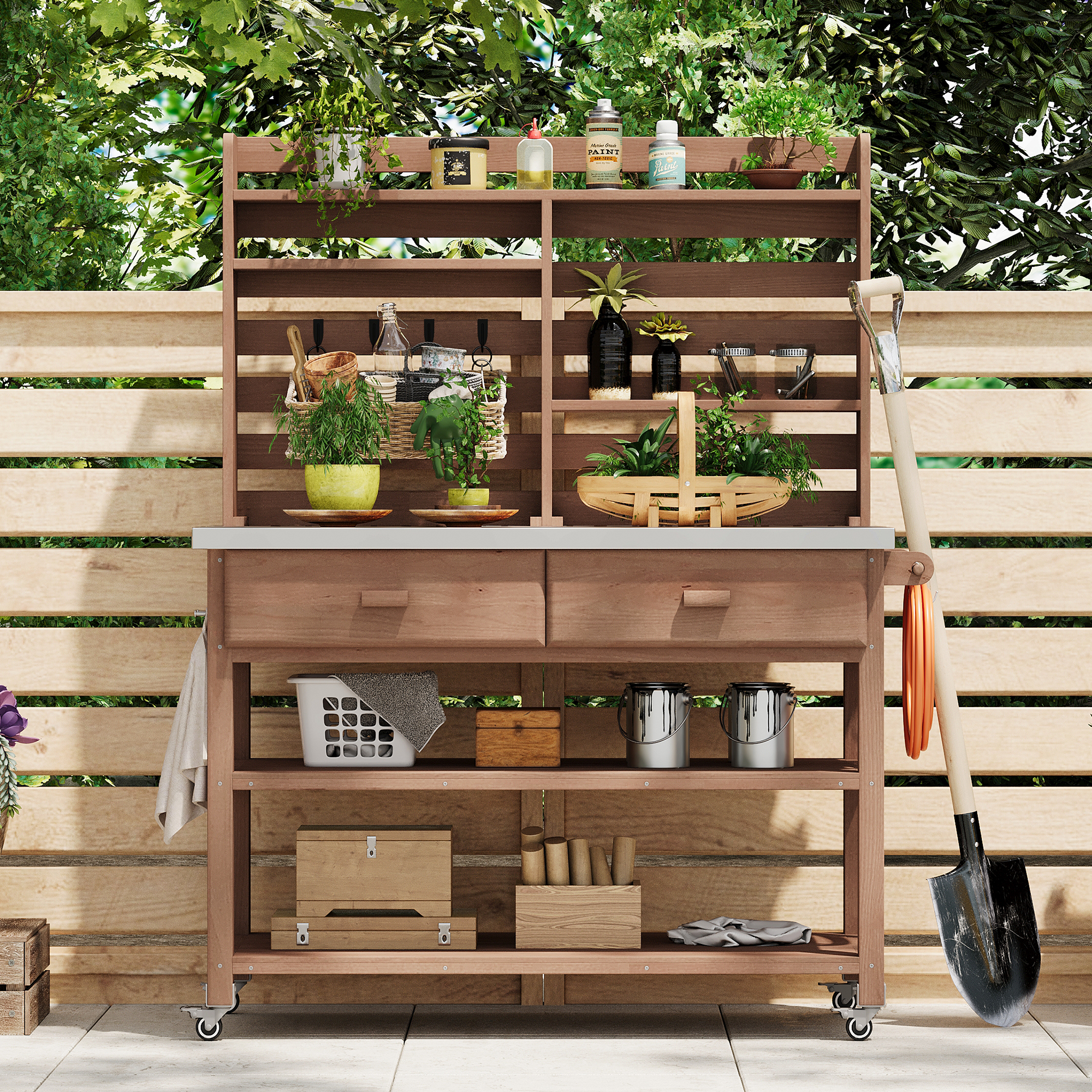 K&K 64.9 H Outdoor Potting Bench Table With Lockable Wheels, Solid Wood Outdoor Kitchen Island With Upper Hutch, Stainless Steel Top, Towel Rack ,Outdoor Storage For Grilling, Lawn Garden  Brown