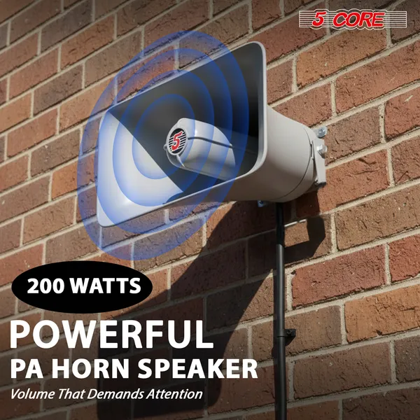 5 Core PA Horn 200W Loud Speaker 10 Inch Bull Horn Loud Audio 8Ohm All Weather Indoor Outdoor Use