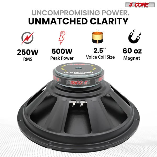 5 Core 15 Inch Woofer 500W Car Audio Subwoofer 4 Ohm Impedance Replacement Deep Bass Sub W 60 Oz Y30 Magnet Poly Cone Rubber Surround For Vehicle Sound System - WF 15 156 PP 4OHM