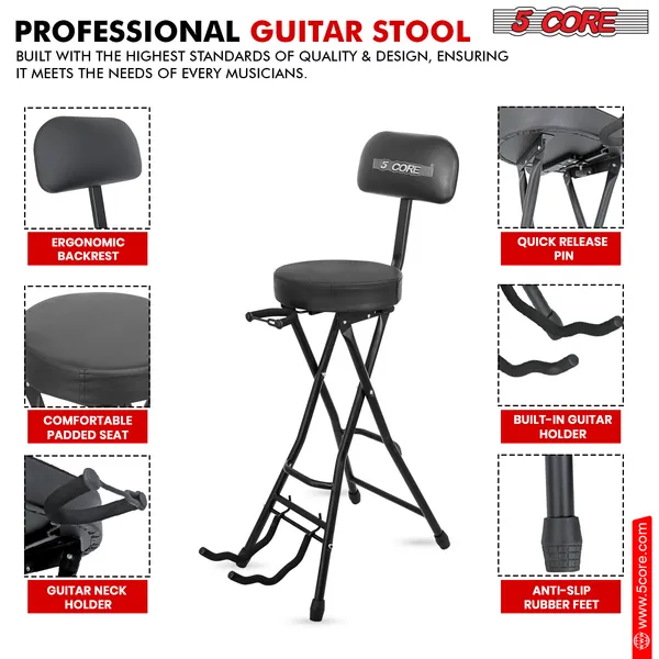 5Core Guitar Stool Adjustable Backrest Piano Chair 3.15" Padded Seat Music Stand