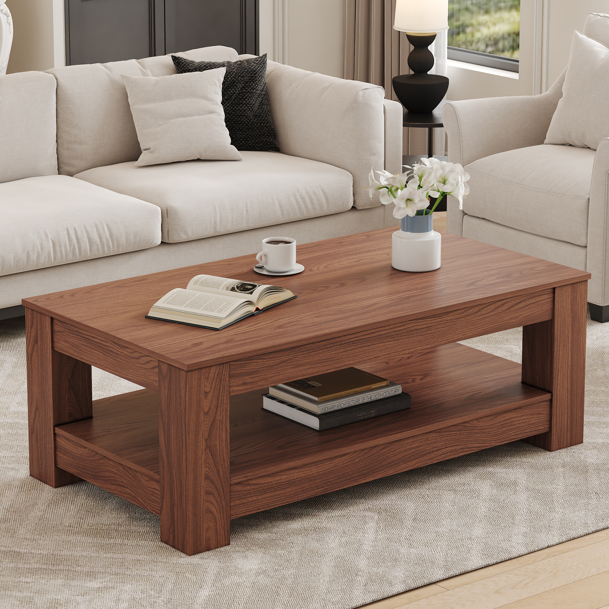 A Modern And Practical Walnut Coffee Table. The Double Layered Coffee Table Is Made Of MDF Material. Suitable For Living Room, Bedroom, And Study - Image 1