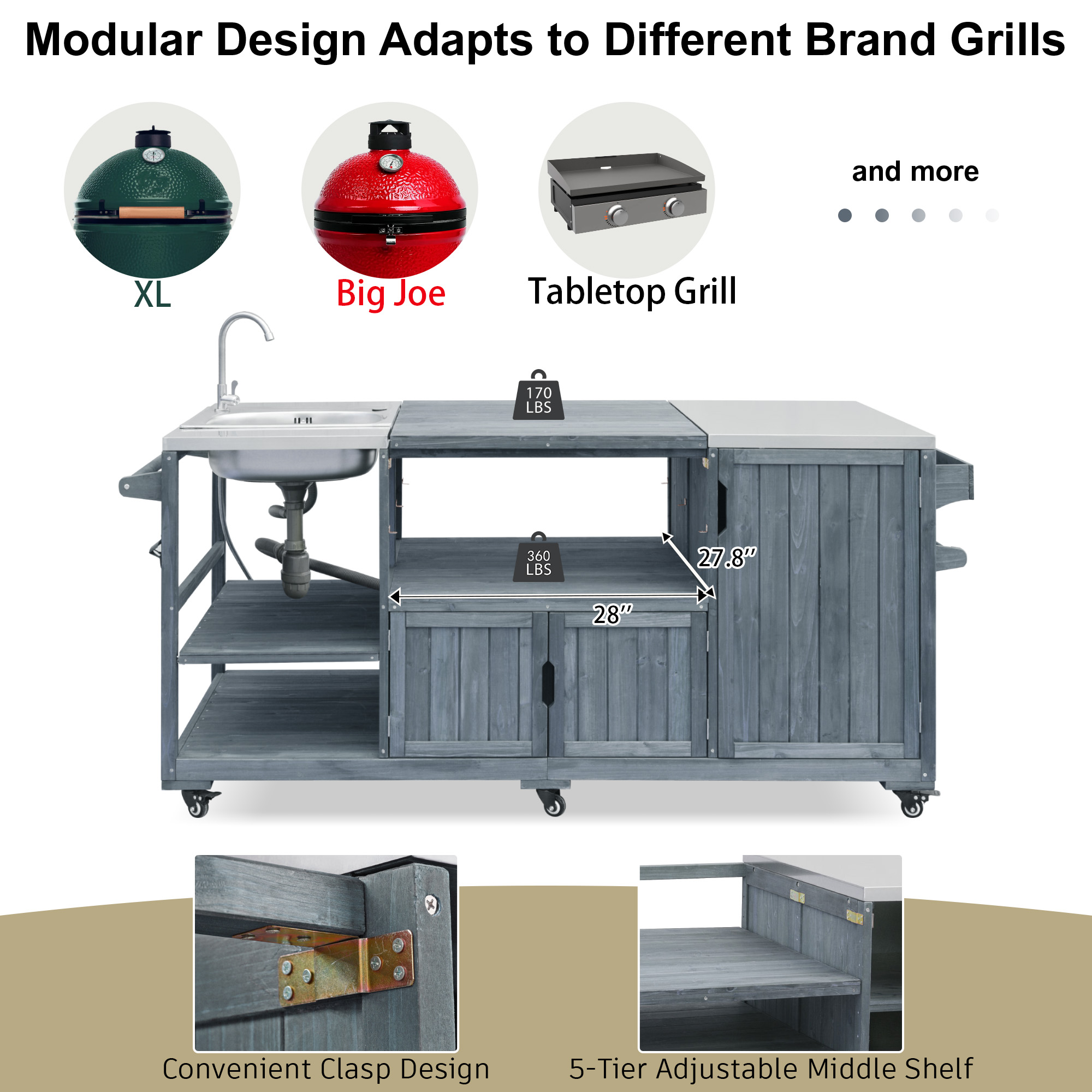 K&K 75.4  Outdoor Kitchen Island With Sink, Solid Wood Outdoor Grill Cart For XL Green Egg Grills, Rolling Outdoor Bar Cart With Stainless Steel Top, For Pizza Prep & BBQ, Grey Blue