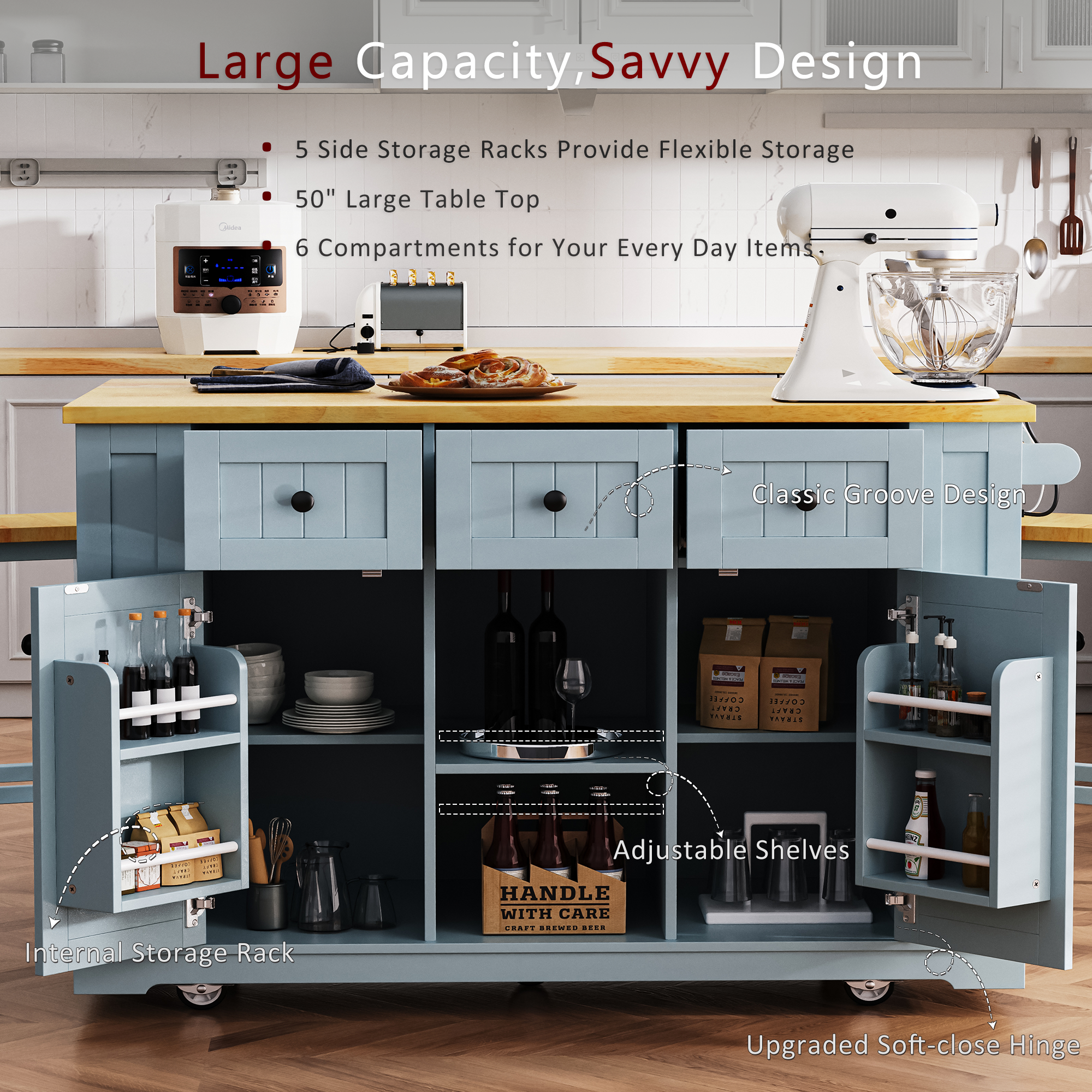 K&K 53inch Large Kitchen Island With Drop Leaf,Power Outlet,Door Internal Storage Rack,Rolling Kitchen Cart On 5 Wheels With 5 Open Side Racks For Kitchen,Grey Blue Two Packages  Stools Not Included