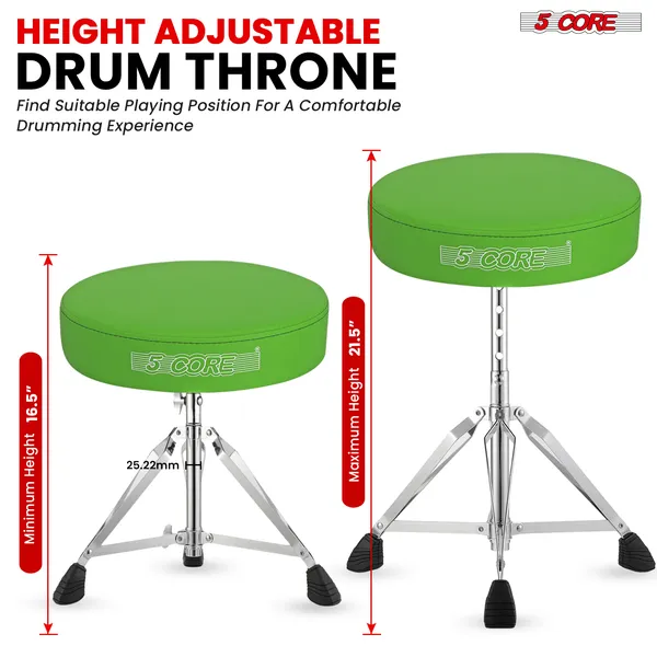 5 CORE Drum Throne Padded Guitar Stool Height Adjustable Music Chair Seat Universal For Adults & Kids With Anti Slip Rubber Feet - DS CH GR