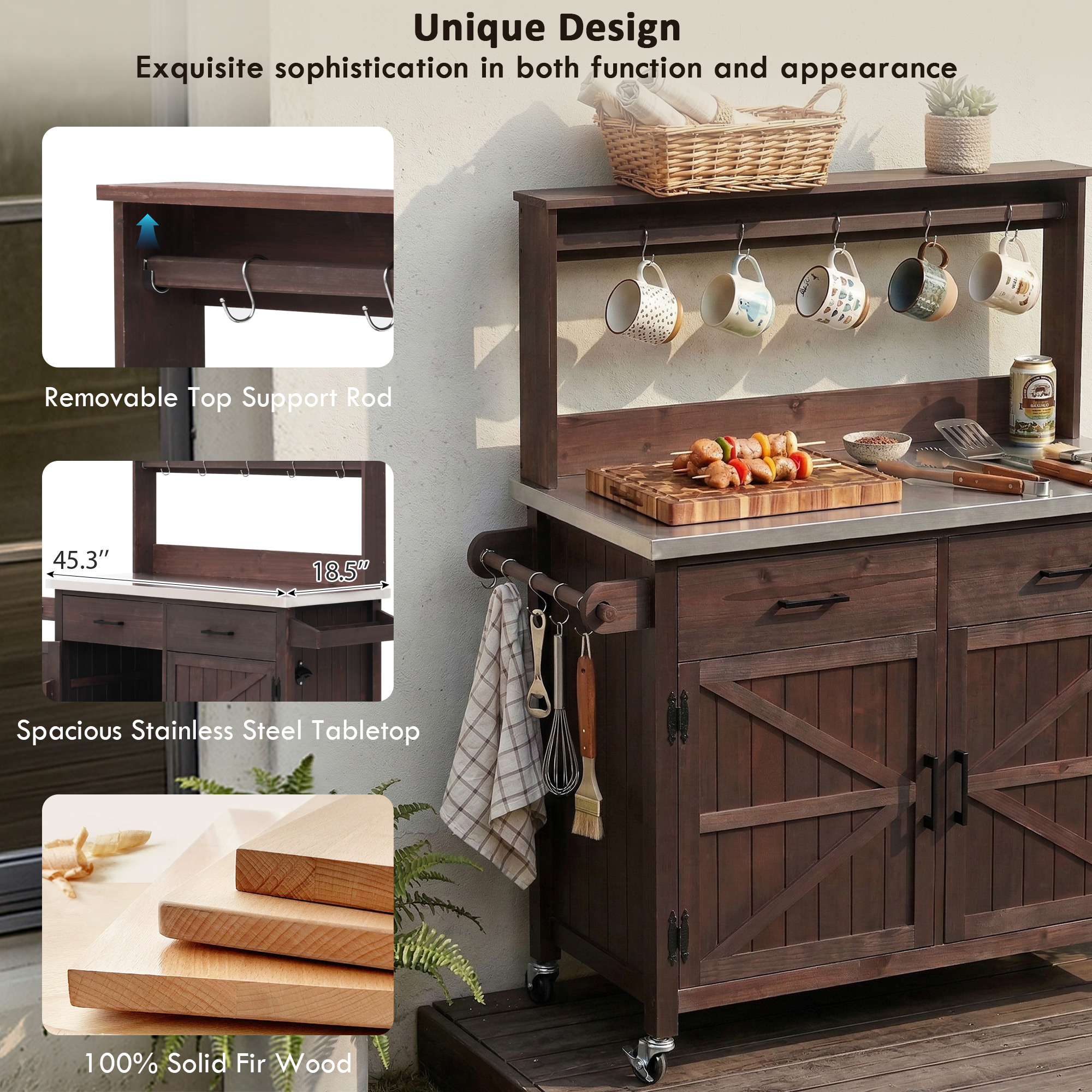 K&K 54.1  Outdoor Kitchen Island With High Shelf, Large Outdoor Potting Bench Table With Stainless Steel Top And Storage Cabinet, Solid Wood Grill Cart With Lockable Wheels For BBQ, Garden, Brown