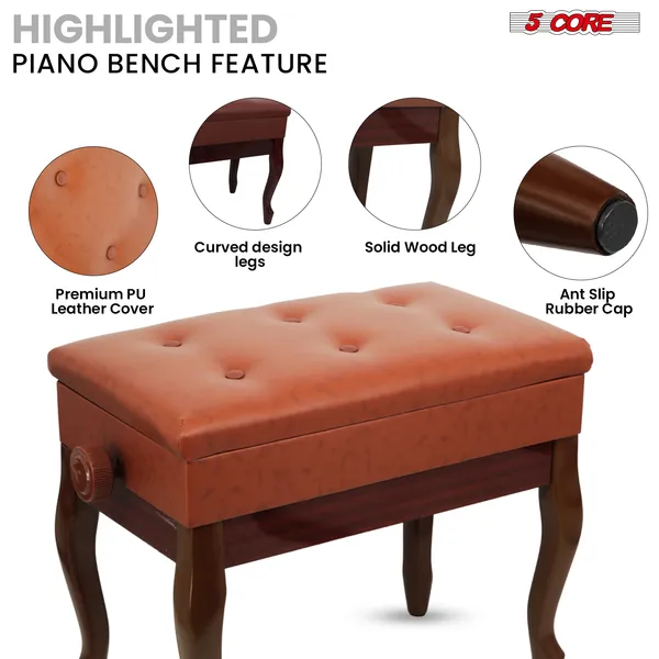5 Core Piano Bench 3" Padded Cushioned Stool Wooden Heavy Duty Adjustable Musician Chair W Storage - PNB WD HD CML BR
