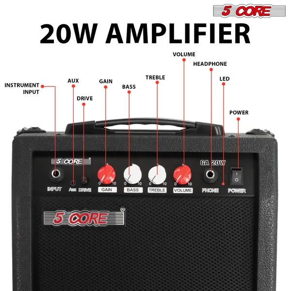 5 Core Guitar Amp 20W Electric Portable Mini Amplifier W Built In 6.5" Speaker Aux Headphone Jack