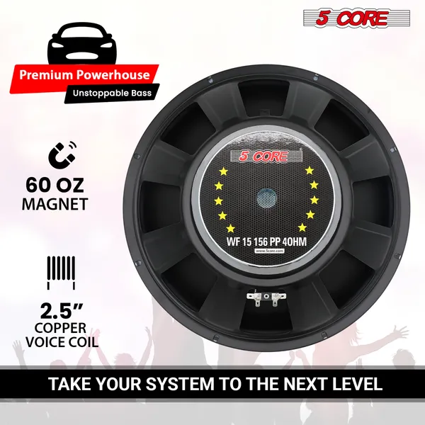 5 Core 15 Inch Woofer 500W Car Audio Subwoofer Pair 4 Ohm Impedance Replacement Deep Bass Sub W 60 Oz Y30 Magnet Poly Cone Rubber Surround For Vehicle Sound System - WF 15 156 PP 4OHM 2PCS