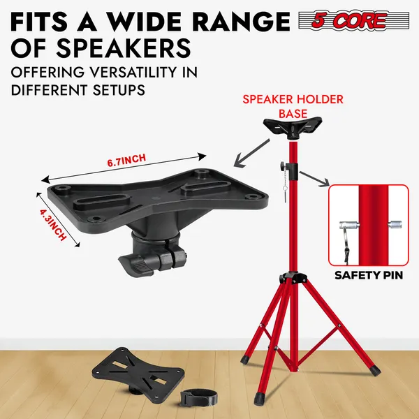 5 Core Speaker Stand Tripod Floor Heavy Duty Adjustable Up To 72 Inch DJ Studio Monitor Stands Pole Mount - SS HD RED BAG