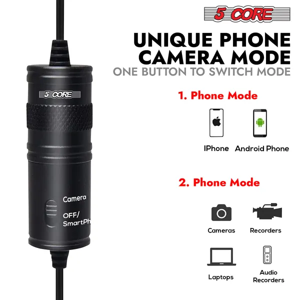 5 Core Professional Omnidirectional Lavalier Microphone 3.5mm Clip-On Lapel Mic For Smartphone DSLR Camera PC Interview Video Camcorders Audio Recorder Cm 001