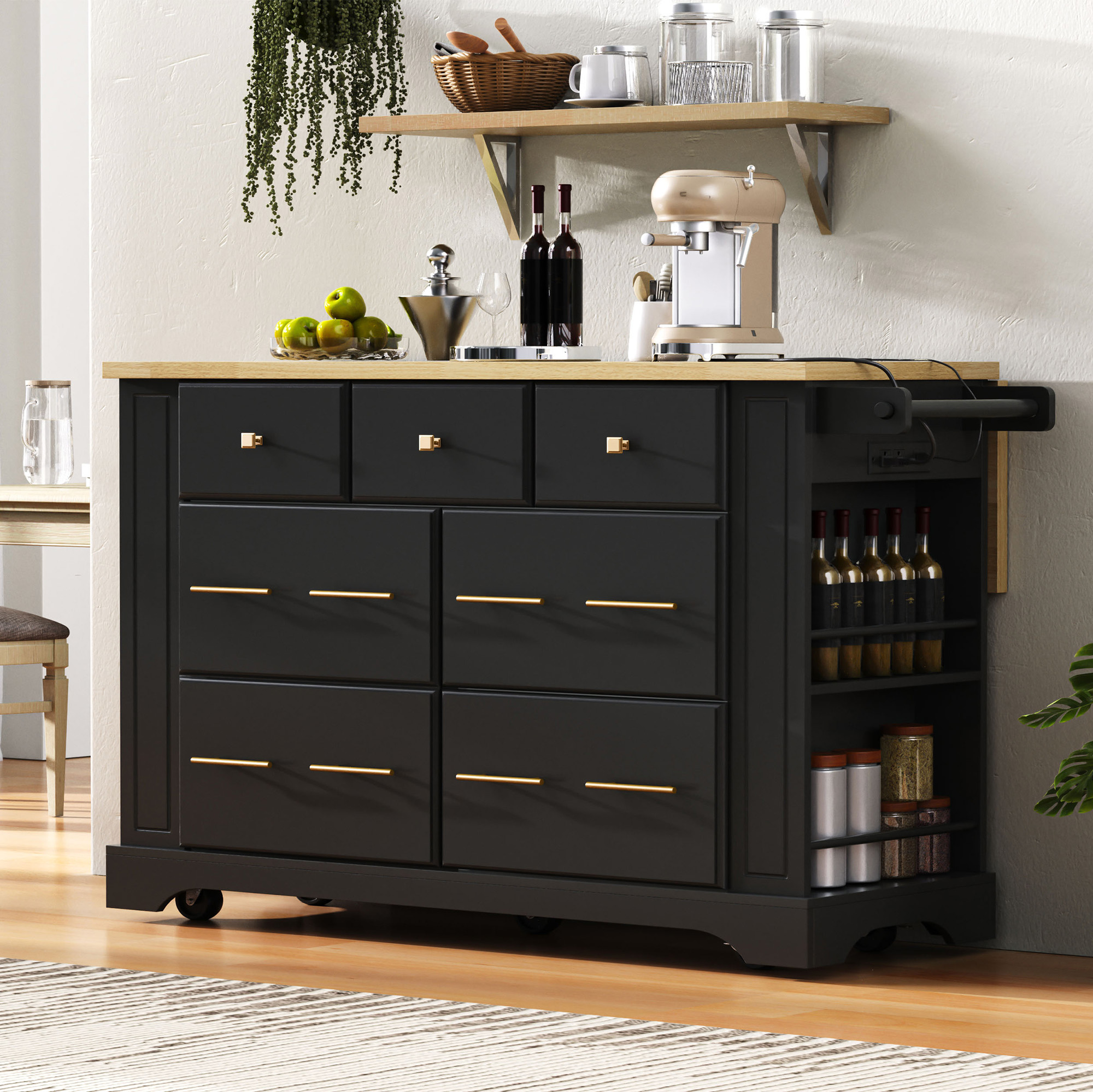 K&K Kitchen Island With 6 Drawers, Pull Out Trash Can Storage, Rolling Kitchen Island On 5 Wheels With Drop Leaf, Power Outlet, 5 Open Side Racks For Kitchen, Dining Room, Black_voghion.com