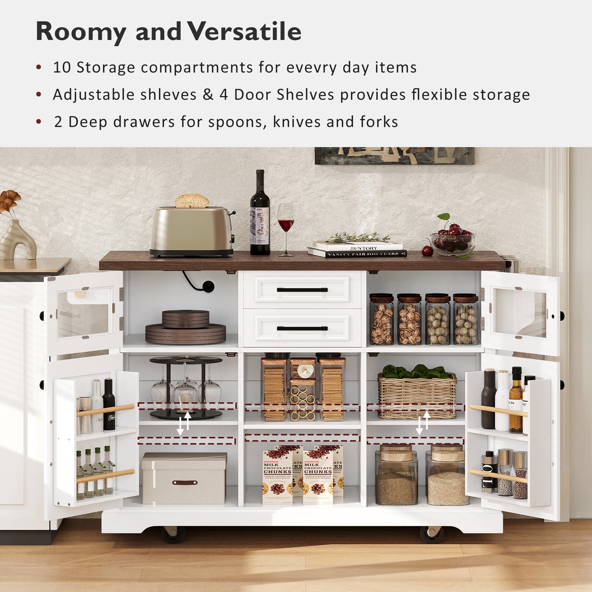 K&K 54.9  Kitchen Island With Drop Leaf, Power Outlet, Kitchen Storage Cart With 4 Door Shelves, Cross Barn Doors & Visual Glass Door, Rolling Kitchen Island On 4 Wheels For Kitchen, Dining Room,White