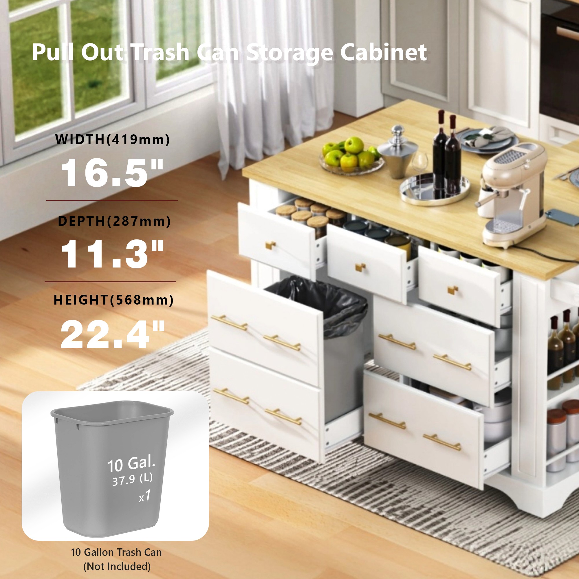 K&K Kitchen Island With 6 Drawers, Pull Out Trash Can Storage, Rolling Kitchen Island On 5 Wheels With Drop Leaf, Power Outlet, 5 Open Side Racks For Kitchen, Dining Room, White_voghion.com
