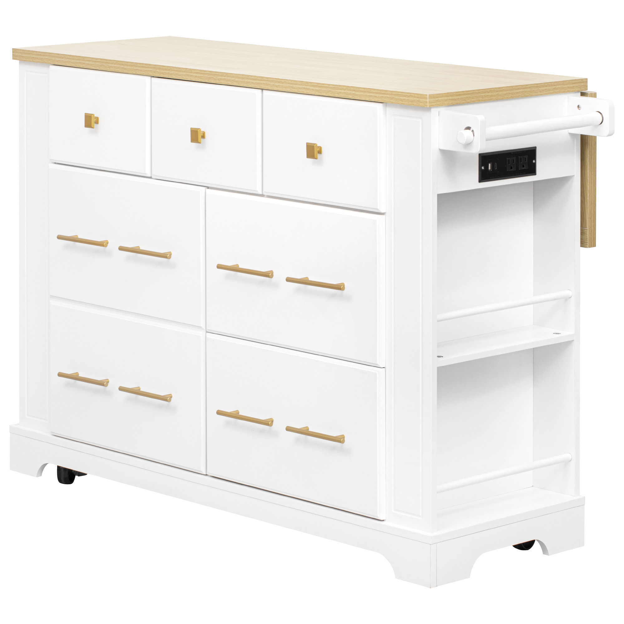Kitchen Island With 6 Drawers And Drop Leaf And Power Outlet White_voghion.com