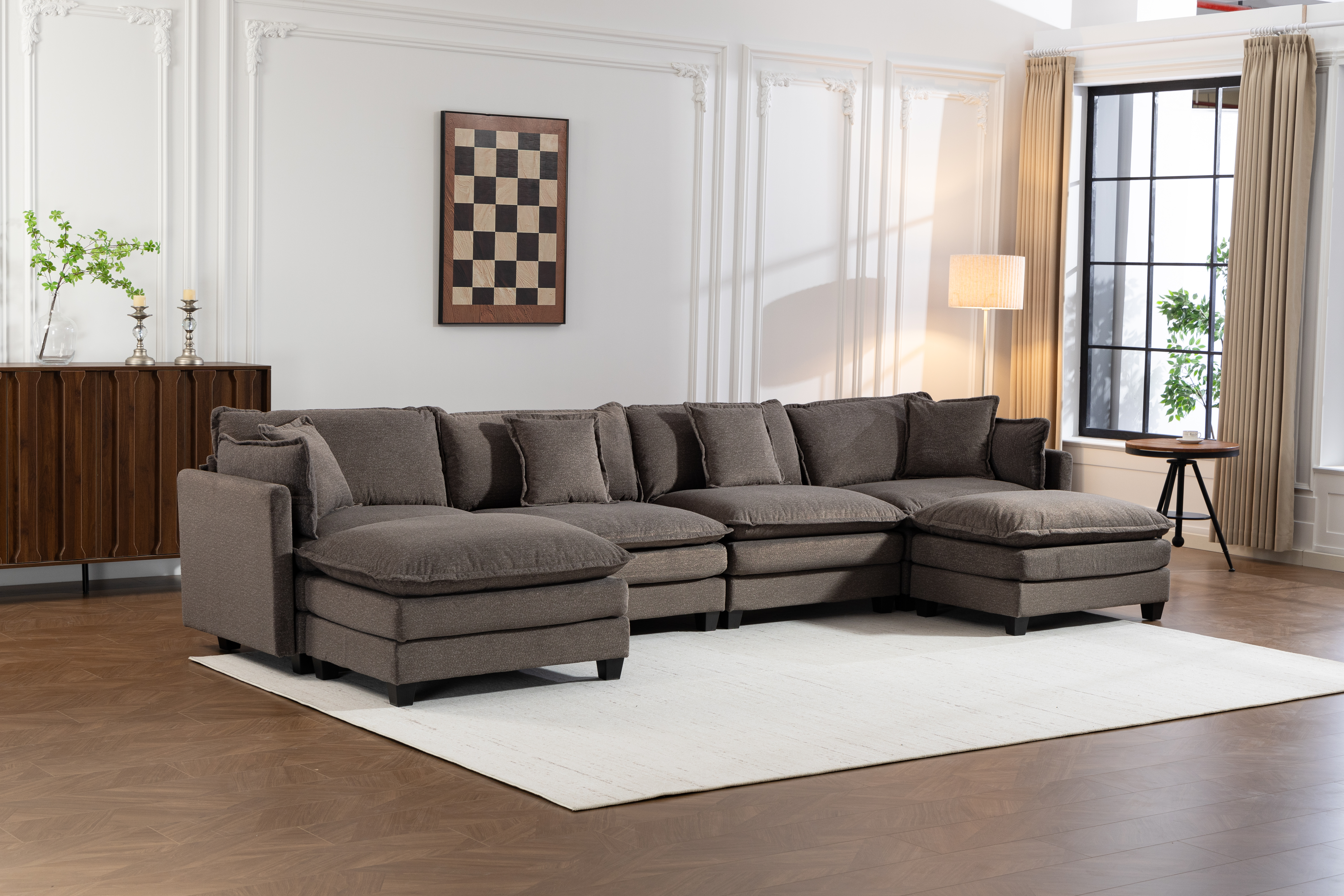Modern 4seats With 2ottoman 149.61 Sectional Sofa With Waist Pillows,4 Seat Upholstered Symmetrical Sofa Furniture,Sleeper Sofa Couch With Chaise Lounge For Living Room,Apartment,3Color