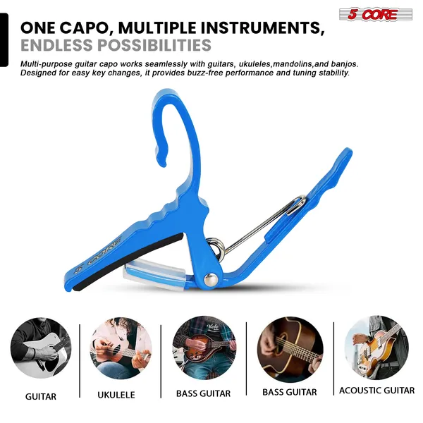 5Core Capo Acoustic Electric Guitar String Clip Banjo Mandolin Or Ukulele + 6Pcs Guitar Picks Celluloid Puas Para Guitarra + Carry Bag - CAPO AL BLU