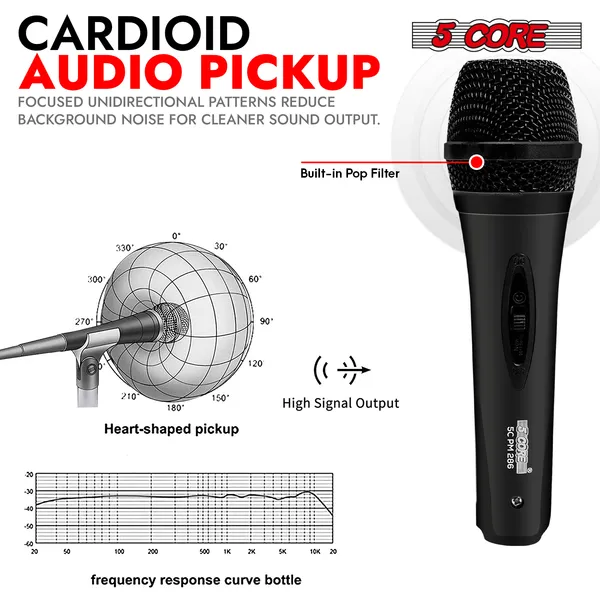 5 CORE Microphone Dynamic Vocal Handheld Mic Cardioid Unidirectional Microfono W On Off Switch + XLR Audio Cable For Singing Karaoke Public Speaking & Parties - PM-286