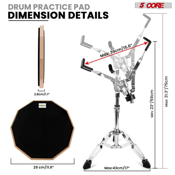 5 Core Drum Practice Pad Set 12" Adjustable Snare Drumming Stand Double Sided Silent Drummer Kit - DPAD COMBO BLK