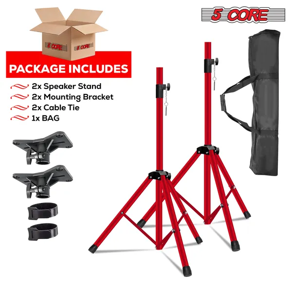 5 Core Speaker Stand Tripod Floor Heavy Duty Adjustable Up To 72 Inch DJ Studio Monitor Stands Pole Mount - SS HD RED BAG