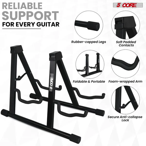 5 CORE Double Guitar Stand Floor Adjustable Heavy Duty A Frame Universal Folding Acoustic Electric Bass Mandolin Banjo Violin Holder Multiple Folding Stands For On Stage Studio Easy Assembly BLACK