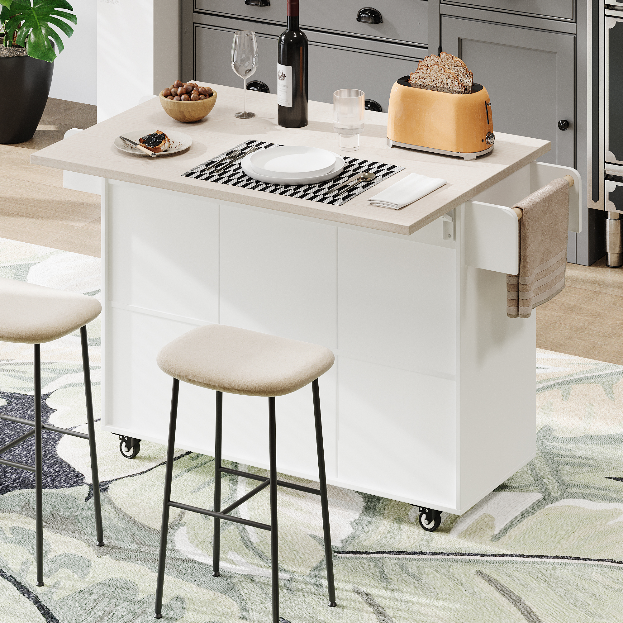 K&K Kitchen Island With Trash Can Storage Cabinet, Kitchen Cart With Drop Leaf, Spice Rack, Towel Rack And Drawer, Rolling Kitchen Island On Wheels With Adjustable Shelf, White