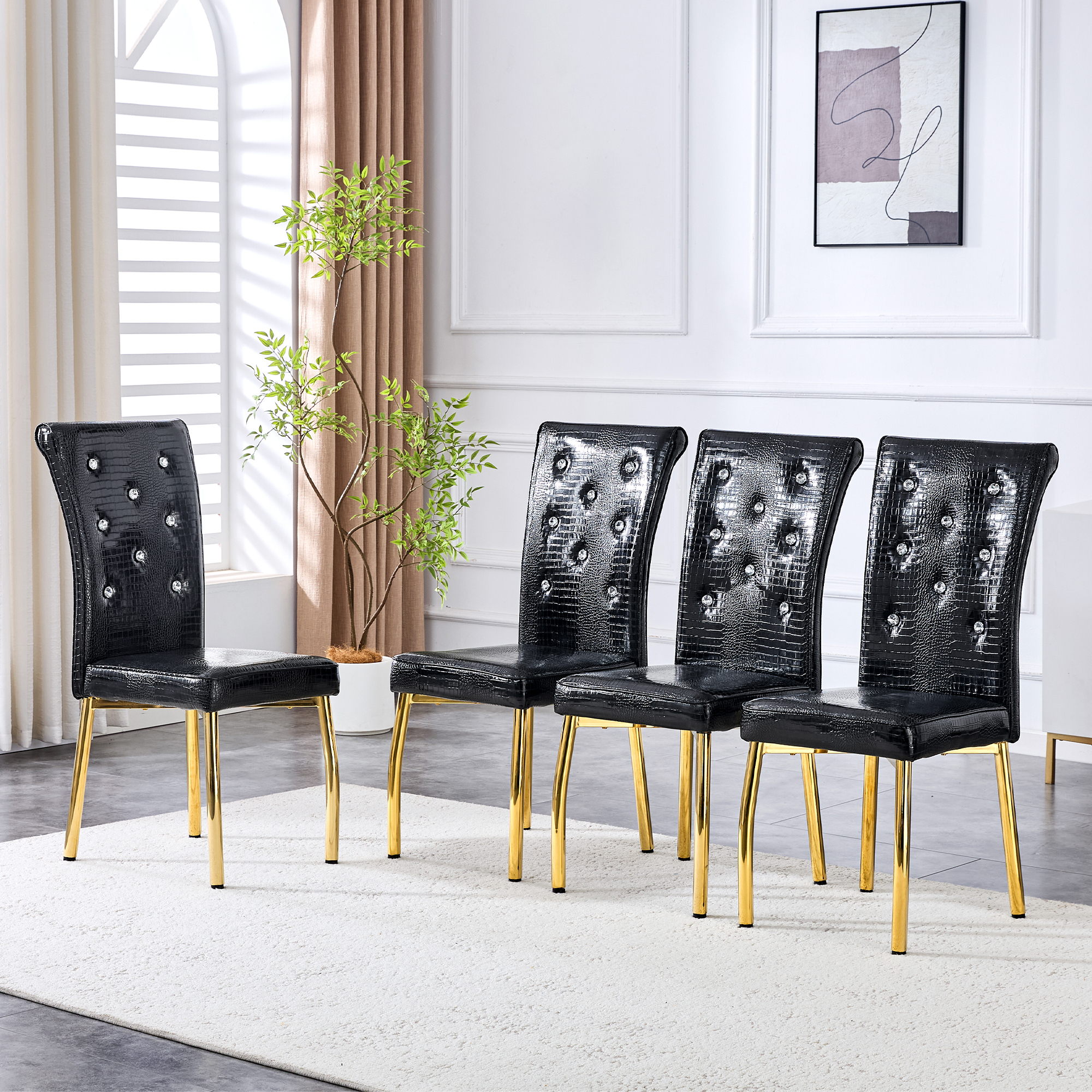 Set Of 4,Retro Alligator Skin Upholstered Dining Chairs,with Crystal Buckle Design And Faux Leather Design,a Touch Of Elegance And Mystery To The Dining Area.Gold Plated Metal Feet - Image 1