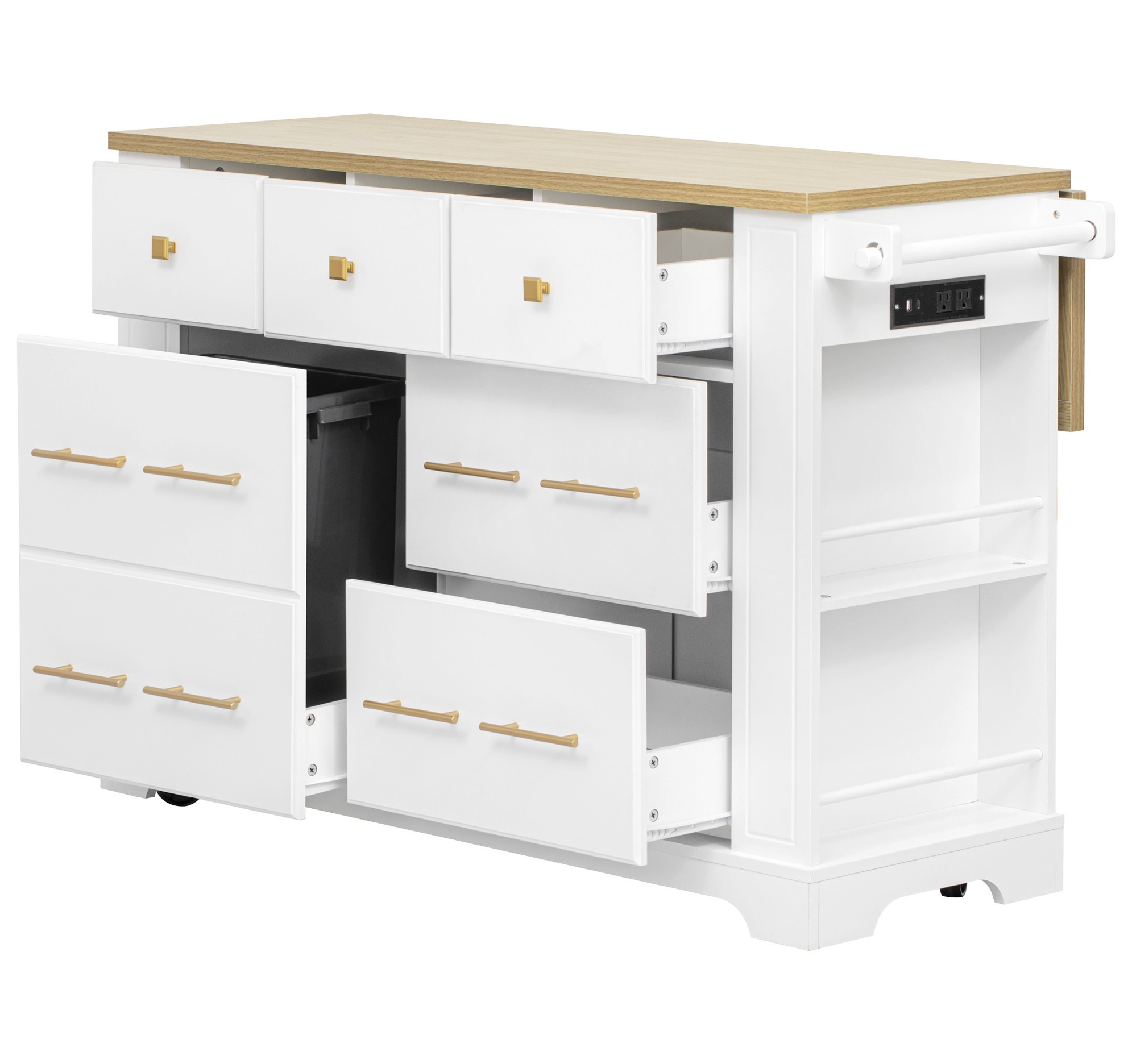 Kitchen Island With 6 Drawers And Drop Leaf And Power Outlet White_voghion.com