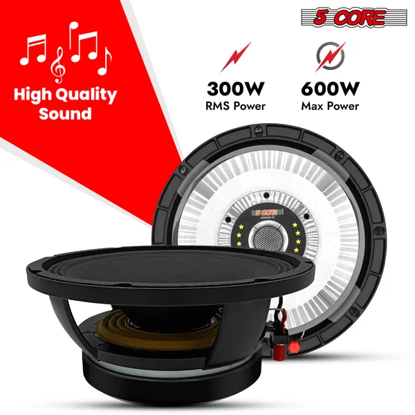 5CORE 10 Inch Subwoofer Speaker 600W 8 Ohm Full Range Replacement DJ Bass Sub Woofer Loudspeaker 3" Voice Coil 96 Oz Magnet Aluminum Frame