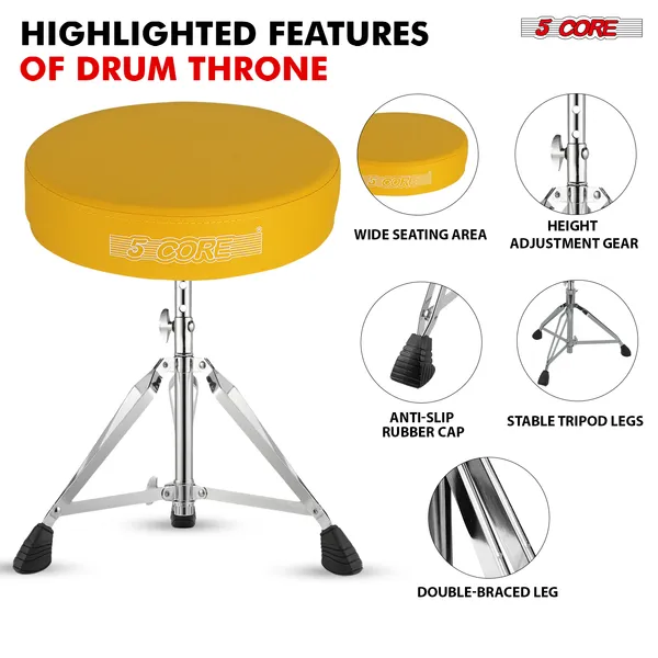 5 CORE Drum Throne Padded Guitar Stool Height Adjustable Music Chair Seat Universal For Adults & Kids With Anti Slip Rubber Feet - DS CH YLW