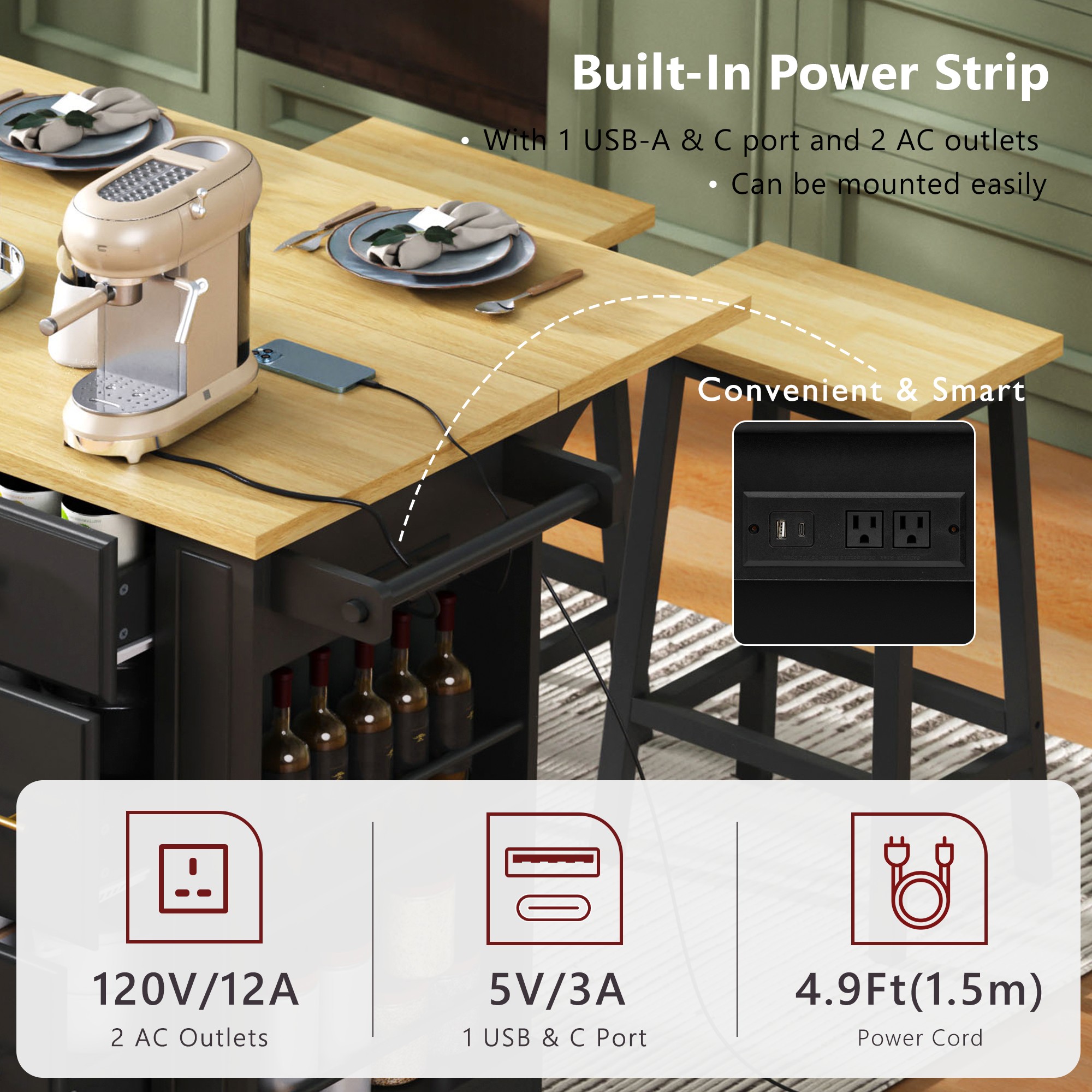 Kitchen Island With Drawers And Waste Bin Rolling Prep Station_voghion.com
