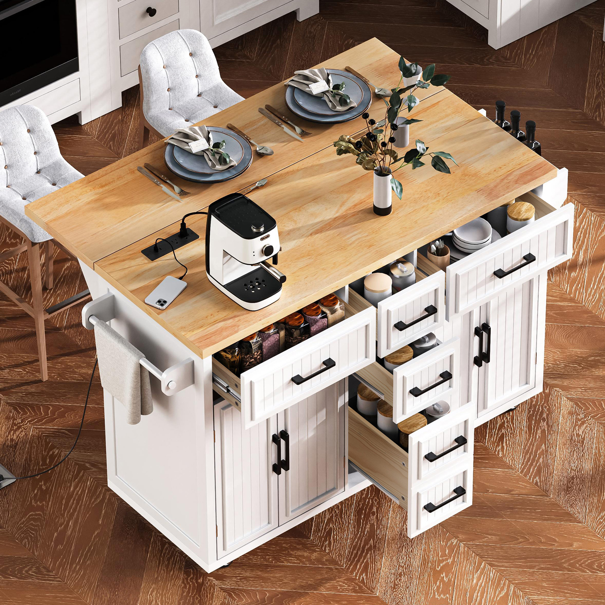 K&K 56.5  Kitchen Island With Drop Leaf, Power Outlet, Embossed Vertical Stripe Rolling Kitchen Cart On Wheels With 4 Doors , 5 Deep Drawers And Adjustable Shelves, For Kitchen, Dining Room, White