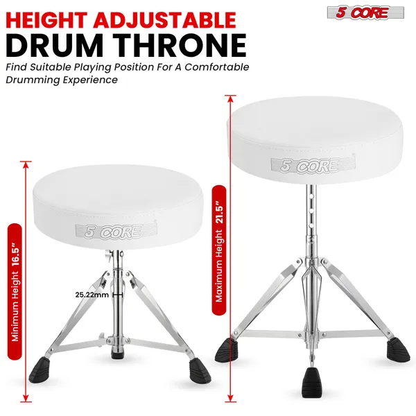 5 CORE Drum Throne Padded Guitar Stool Height Adjustable Music Chair Seat Universal For Adults & Kids With Anti Slip Rubber Feet - DS CH WH