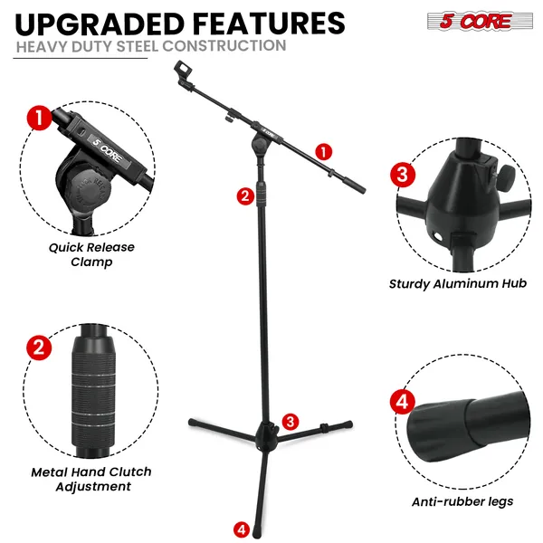 5 Core Mic Stand Adjustable Microphone Stands Floor W 180° Rotating Telescoping Metal Boom Arm