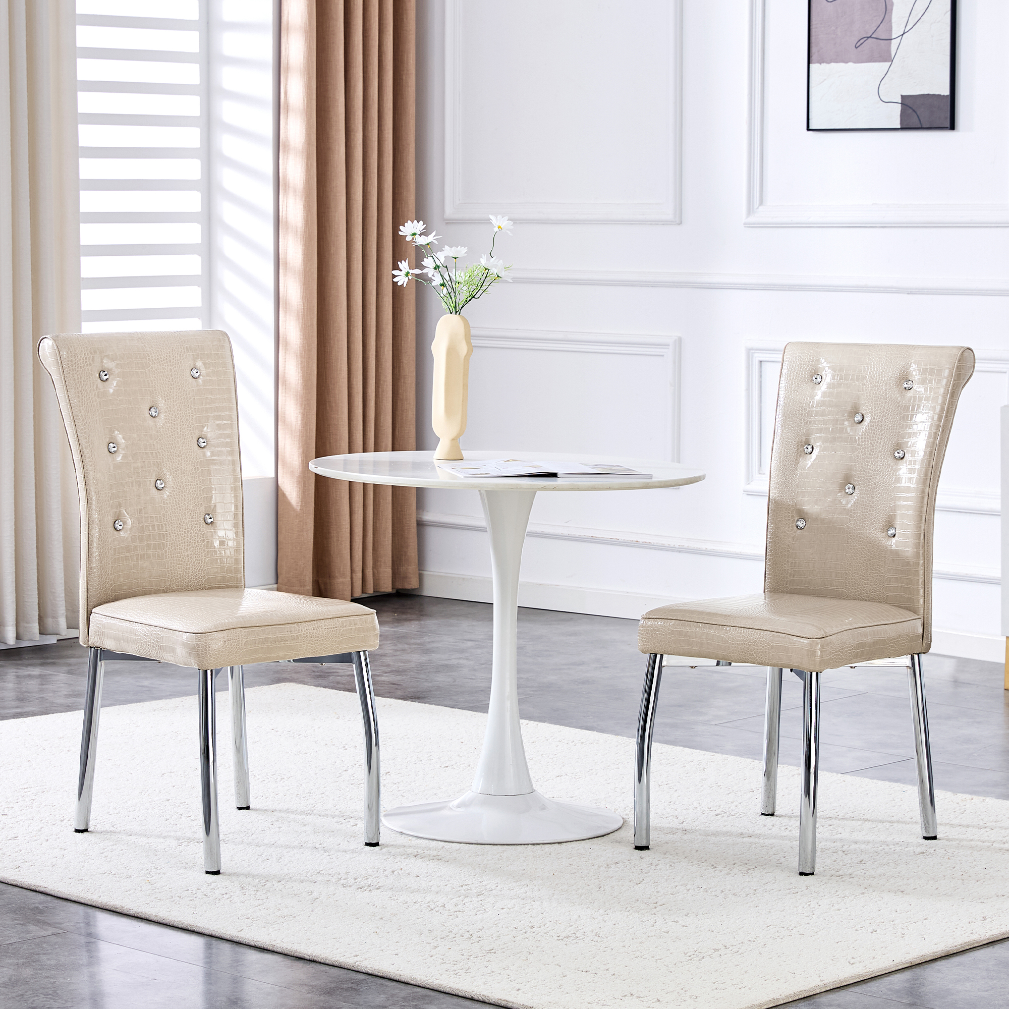 A Set Of 2 Beige And Silver Vintage Crocodile Leather Cushioned Dining Chairs, Featuring Crystal Clasp Design And Artificial Leather Design, Adding A Touch Of Elegance And Mystery To The Dining Area - Image 1