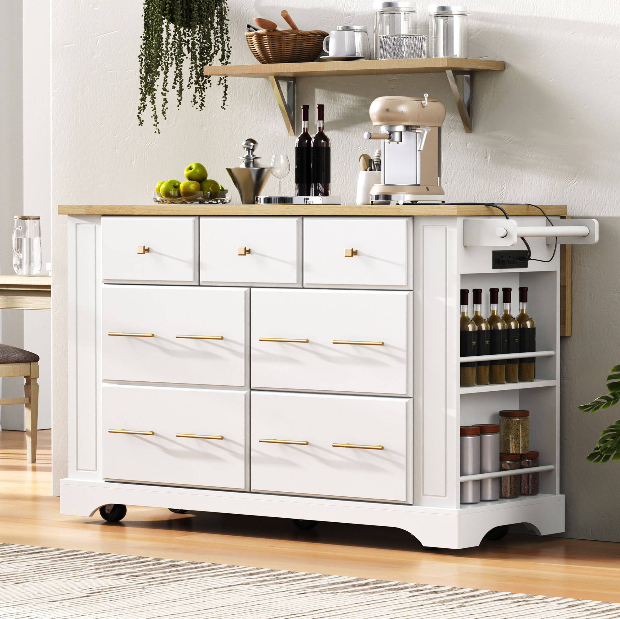 K&K Kitchen Island With 6 Drawers, Pull Out Trash Can Storage, Rolling Kitchen Island On 5 Wheels With Drop Leaf, Power Outlet, 5 Open Side Racks For Kitchen, Dining Room, White_voghion.com