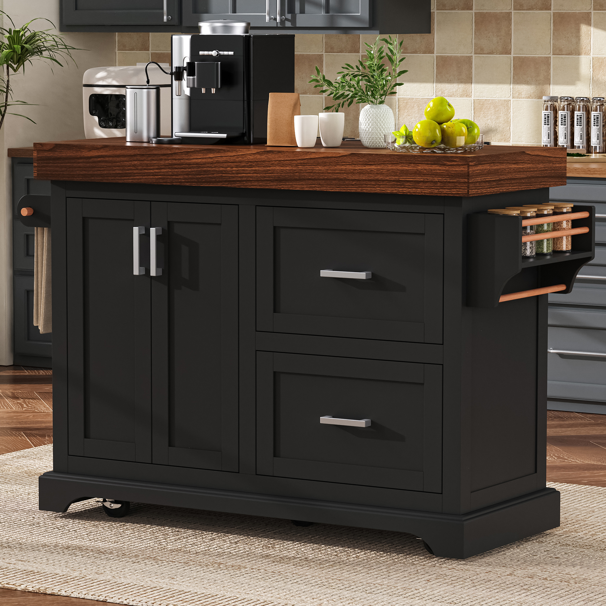 K&K 53  Large Kitchen Island With 3.5  Thick Desktop, Spice And Towel Racks, Rolling Kitchen Island With Storage On 5 Wheels, 2 Extra Large Drawers, For Home, Kitchen, Dining Room, Black