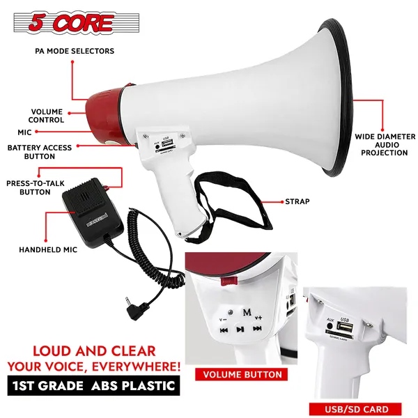 5 Core Megaphone 50W Bull Horn PA Speaker W 300M Range Loud Siren Voice Amplifier Portable