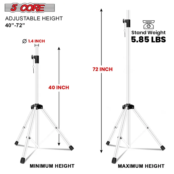 5 Core Speaker Stand Tripod Floor Heavy Duty Adjustable Up To 72 Inch DJ Studio Monitor Stands Pole Mount - SS HD WH BAG