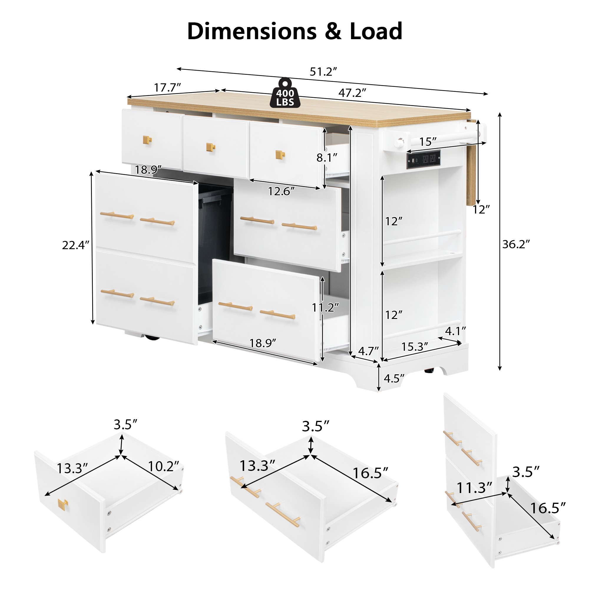 Kitchen Island With 6 Drawers And Drop Leaf And Power Outlet White_voghion.com