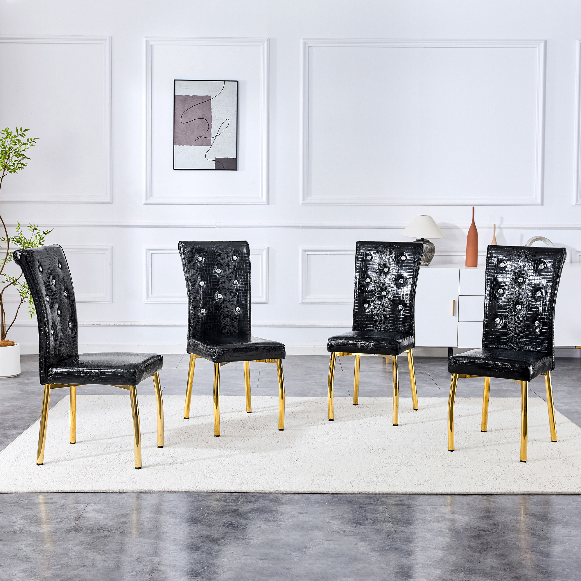 Set Of 2,Retro Alligator Skin Upholstered Dining Chairs,with Crystal Buckle Design And Faux Leather Design,a Touch Of Elegance And Mystery To The Dining Area.Gold Plated Metal Feet