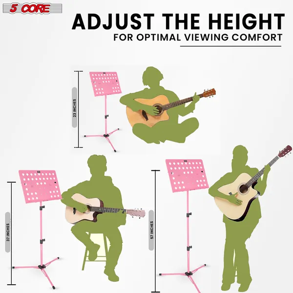 5 Core Music Stand For Sheet Music Height Adjustable Portable Folding Atril Para Partituras W Light Clip For Guitar Players Violinists Cellists Pianists - MUS FLD HD ACC PNK