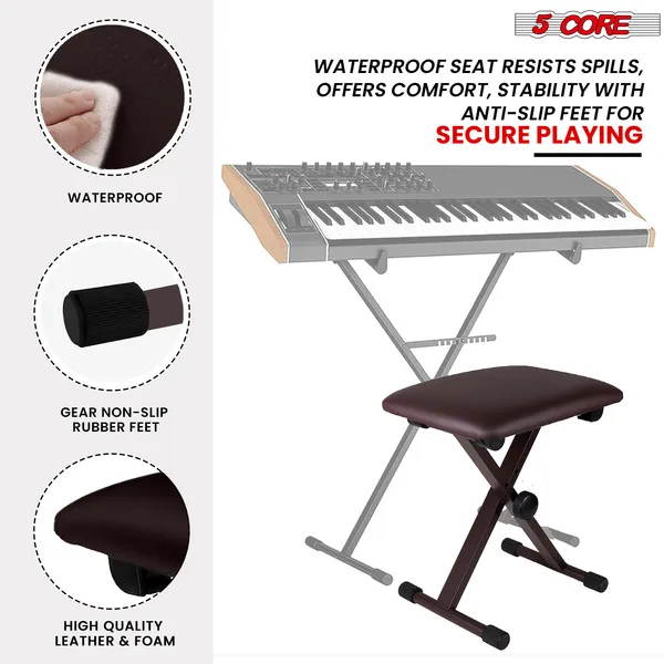 5 Core Keyboard Bench 2 Inch Padded Cushioned Piano Stool Height Adjustable 19" Guitar Seat Portable
