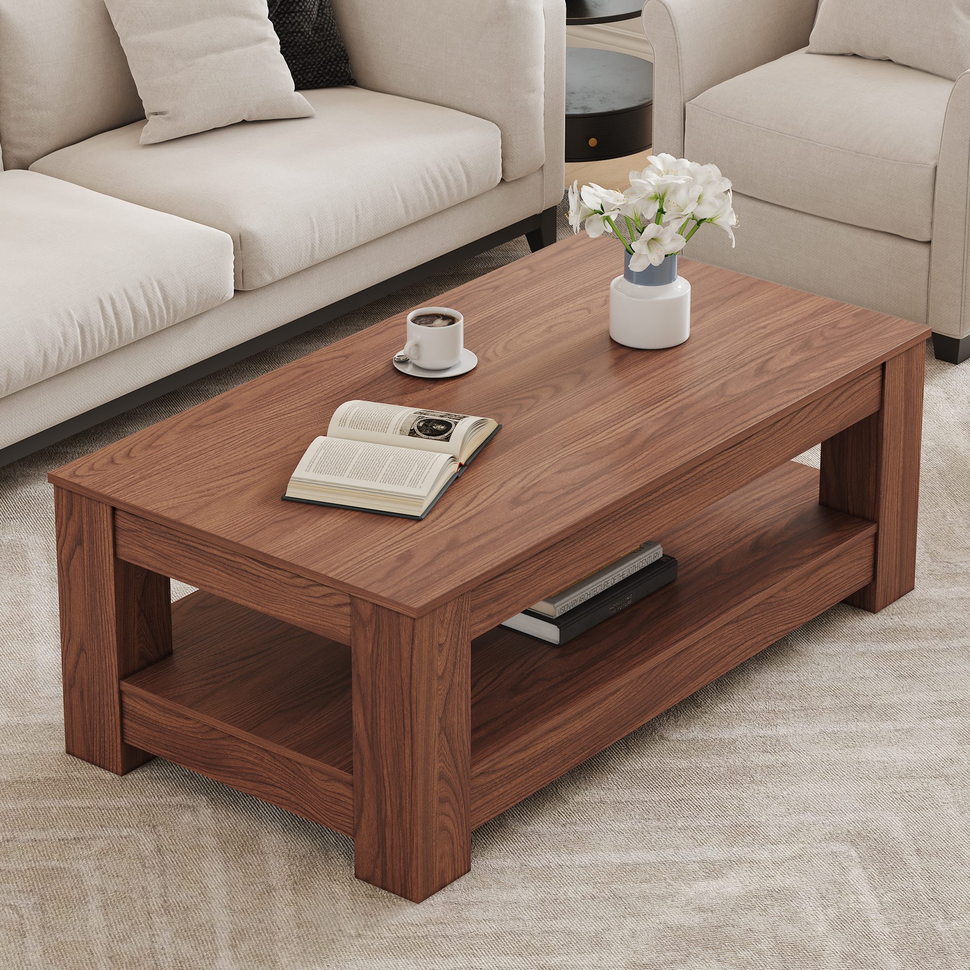 A Modern And Practical Walnut Coffee Table. The Double Layered Coffee Table Is Made Of MDF Material. Suitable For Living Room, Bedroom, And Study