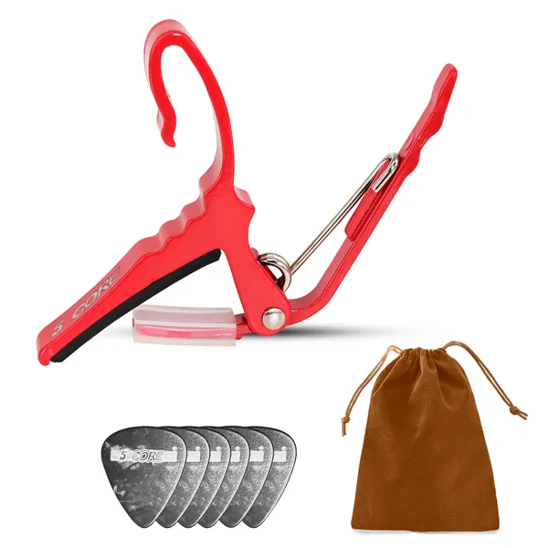 5Core Capo Acoustic Electric Guitar String Clip Banjo Mandolin Or Ukulele + 6Pcs Guitar Picks Celluloid Puas Para Guitarra + Carry Bag - CAPO AL RED